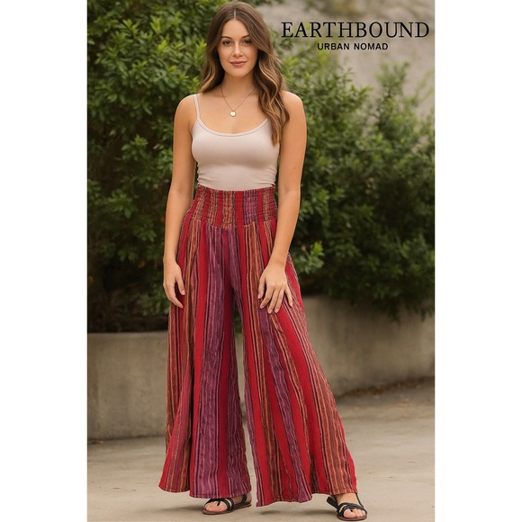 EARTHBOUND Urban Nomad Striped Red Orange Wide Leg Palazzo Pull On Pants - Picture 1 of 7